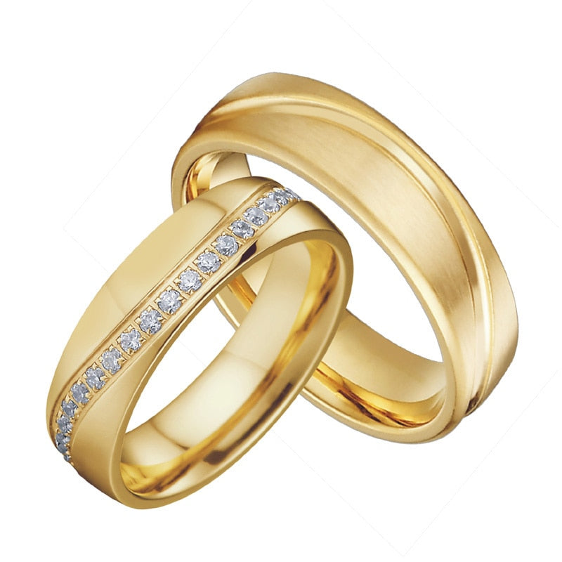 Cubic Zirconia and Gold-Plated Titanium Wedding Ring Set-Couple Rings-Innovato Design-7-5-Innovato Design