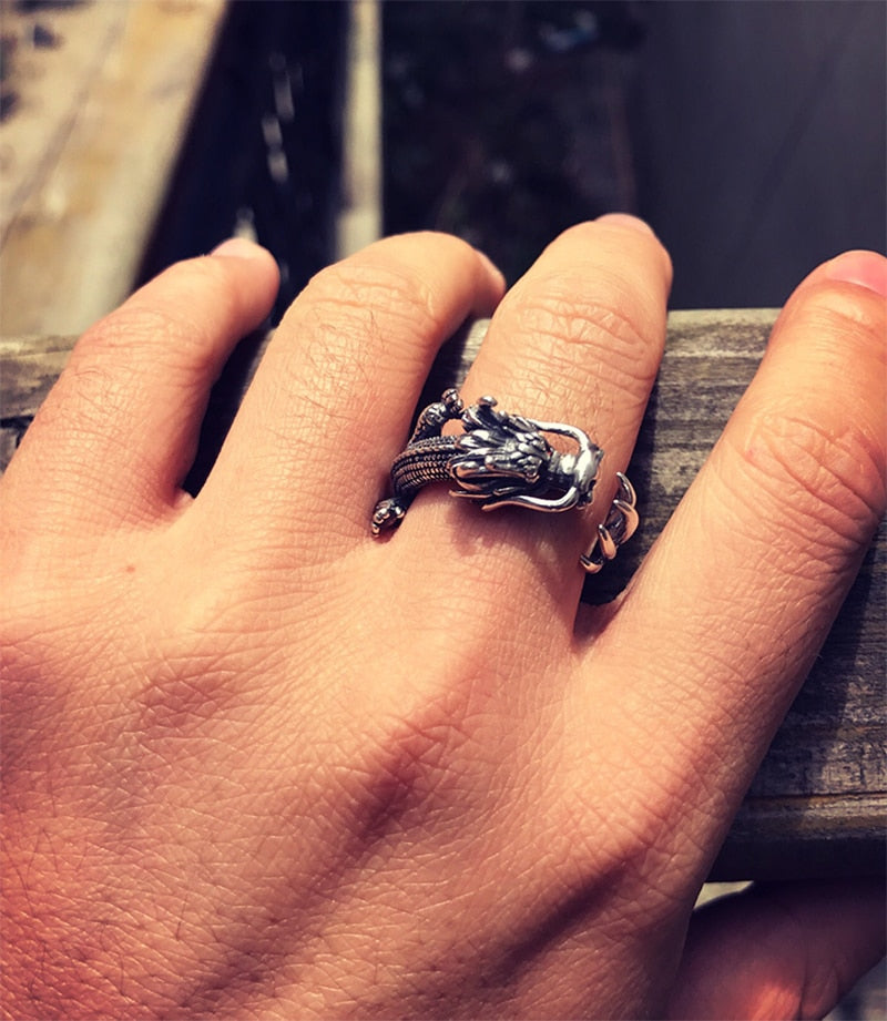 Dragon with Red Cubic Zirconia Eyes 925 Sterling Silver Vintage Biker Ring-Gothic Rings-Innovato Design-Innovato Design