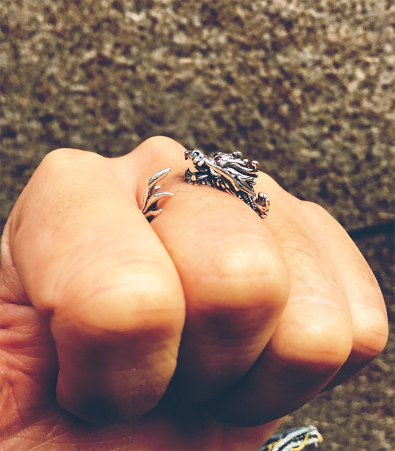 Dragon with Red Cubic Zirconia Eyes 925 Sterling Silver Vintage Biker Ring-Gothic Rings-Innovato Design-Innovato Design