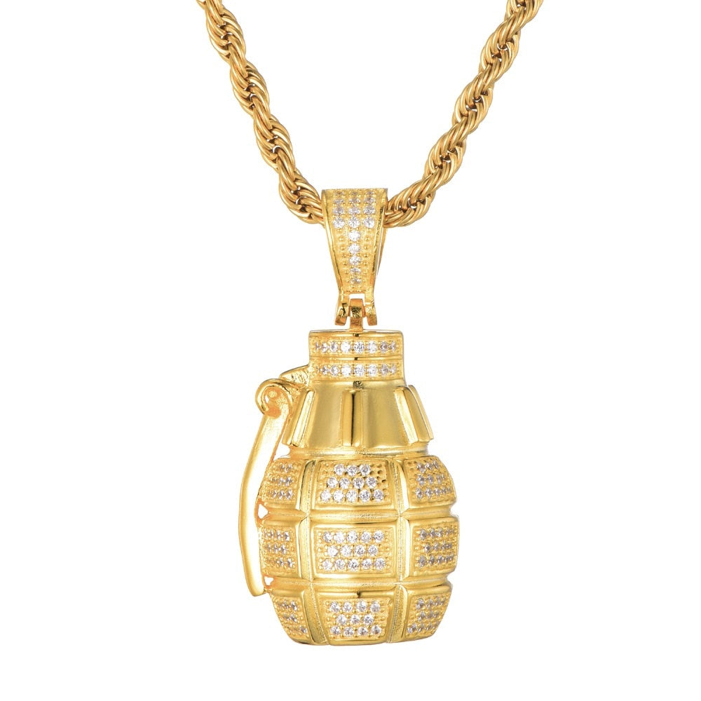 Cubic-Zirconia-Studded Grenade Bling Hip-hop Pendant Necklace-Necklaces-Innovato Design-Innovato Design
