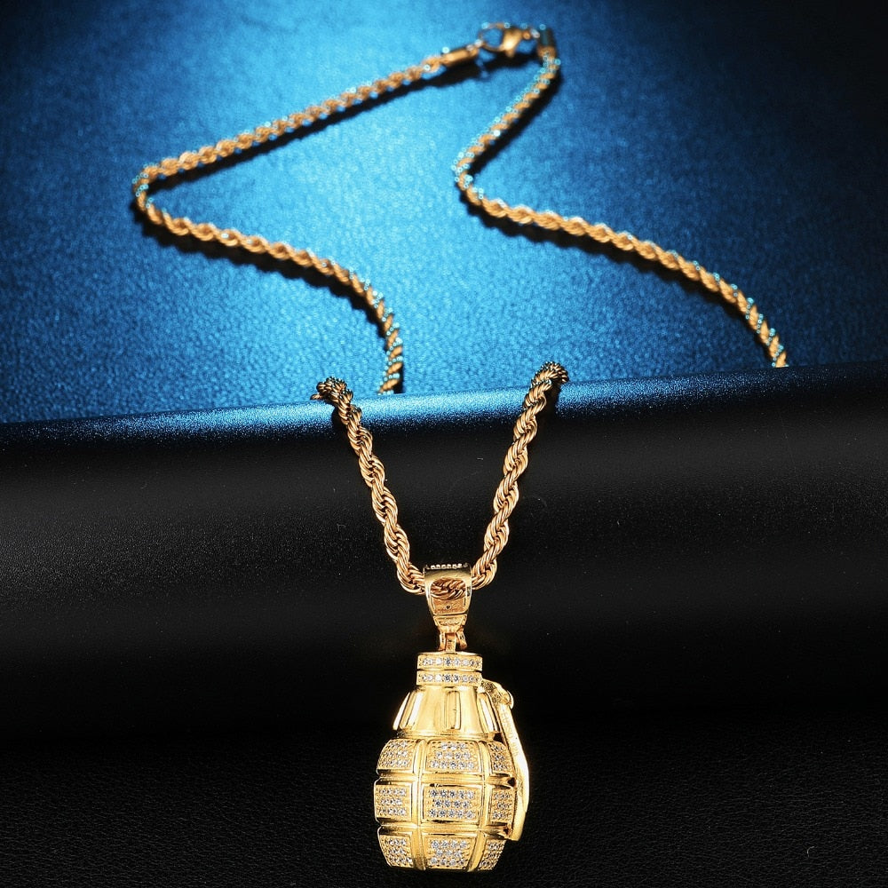 Cubic-Zirconia-Studded Grenade Bling Hip-hop Pendant Necklace-Necklaces-Innovato Design-Innovato Design