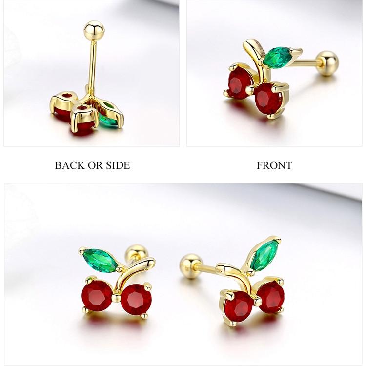 925 Sterling Silver Red & Gold and Green Cherry Stud Earrings-Earrings-Innovato Design-Innovato Design