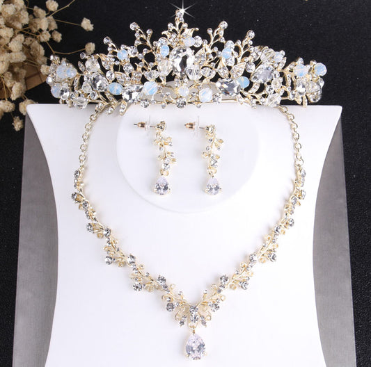 Baroque Crystal and Vintage Gold Tiara, Necklace & Earrings Wedding Jewelry Set-Jewelry Sets-Innovato Design-Innovato Design