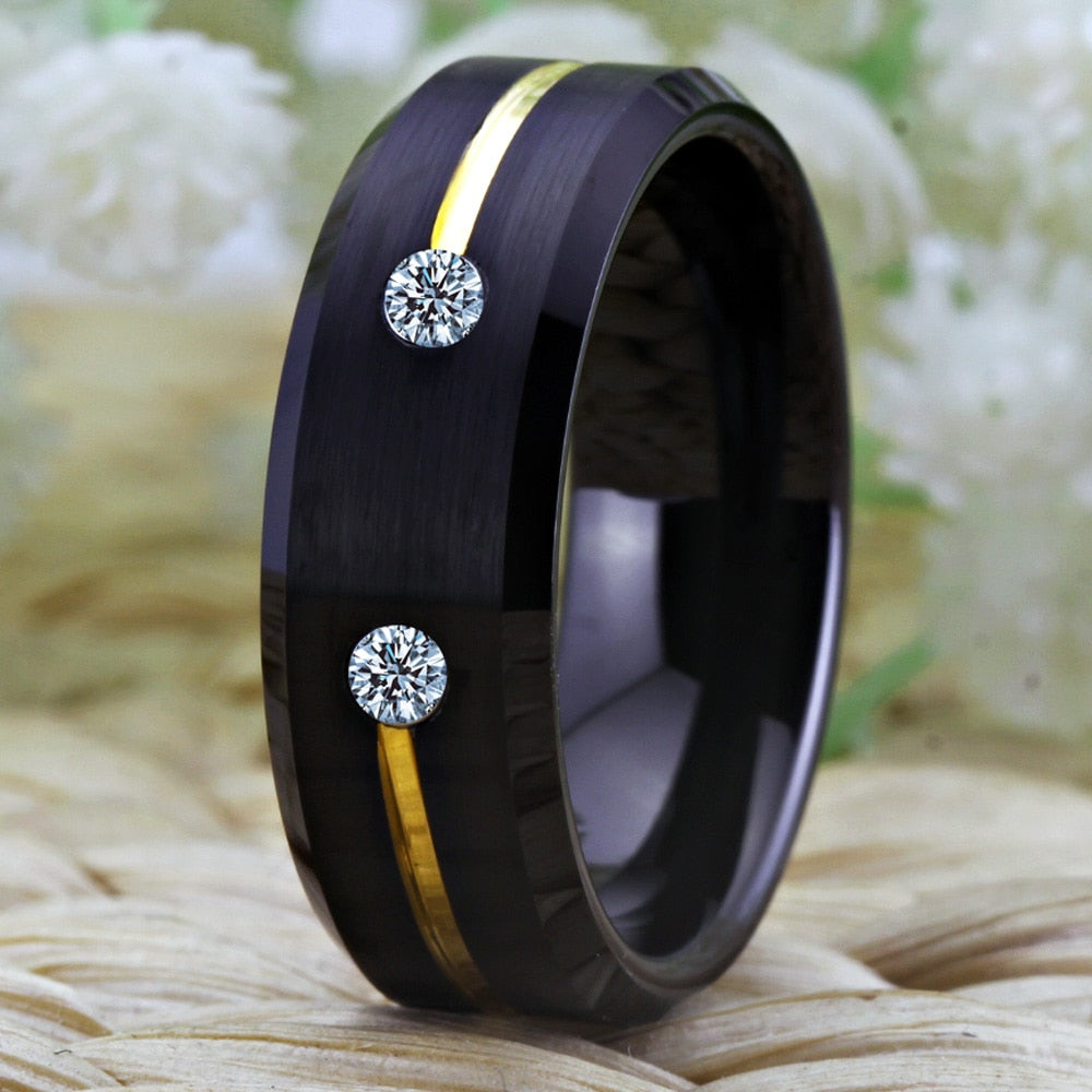 8mm Classic Golden Groove with Cubic Zirconia Inlay Tungsten Wedding Band-Rings-Innovato Design-6-Innovato Design