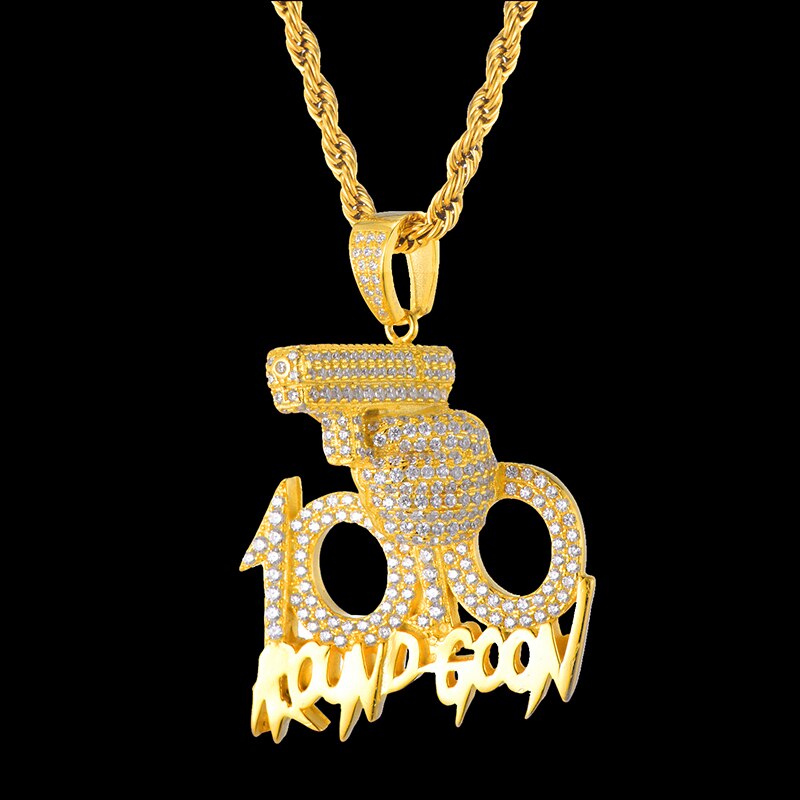 Rhinestone-Studded Gold-Plated "100" Gun Bling Rope Chain Hip-hop Pendant Necklace-Necklaces-Innovato Design-Innovato Design
