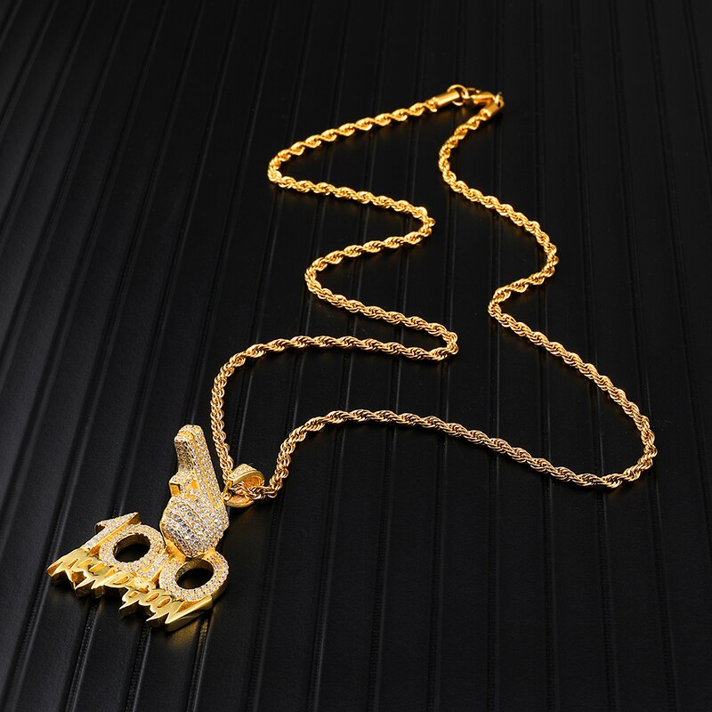 Rhinestone-Studded Gold-Plated "100" Gun Bling Rope Chain Hip-hop Pendant Necklace-Necklaces-Innovato Design-Innovato Design