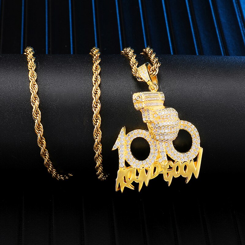 Rhinestone-Studded Gold-Plated "100" Gun Bling Rope Chain Hip-hop Pendant Necklace-Necklaces-Innovato Design-Innovato Design