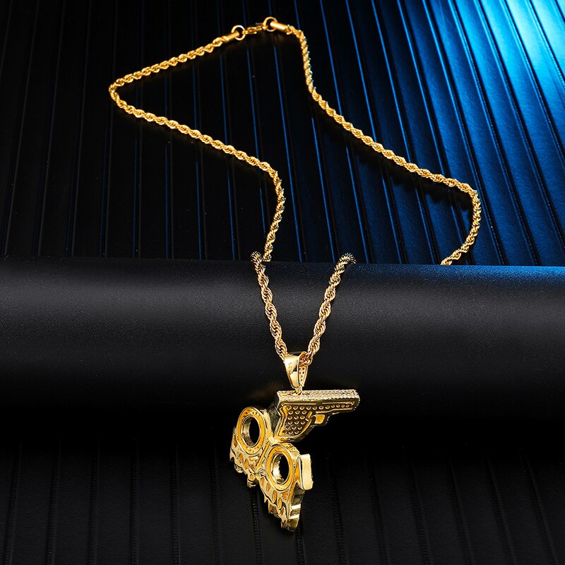 Rhinestone-Studded Gold-Plated "100" Gun Bling Rope Chain Hip-hop Pendant Necklace-Necklaces-Innovato Design-Innovato Design