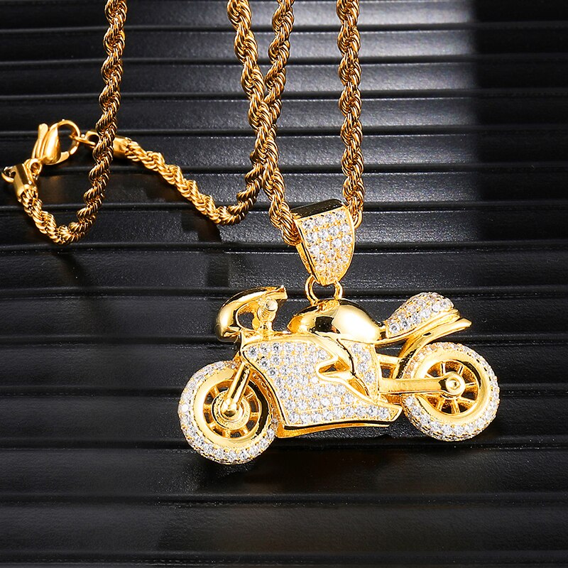 Rhinestone-Studded Gold-Plated Motorcycle Bling Rope Chain Hip-hop Pendant Necklace-Necklaces-Innovato Design-Innovato Design