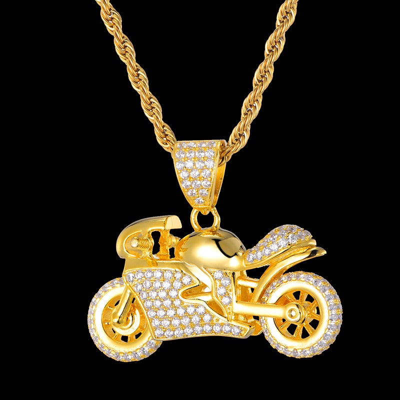 Rhinestone-Studded Gold-Plated Motorcycle Bling Rope Chain Hip-hop Pendant Necklace-Necklaces-Innovato Design-Innovato Design
