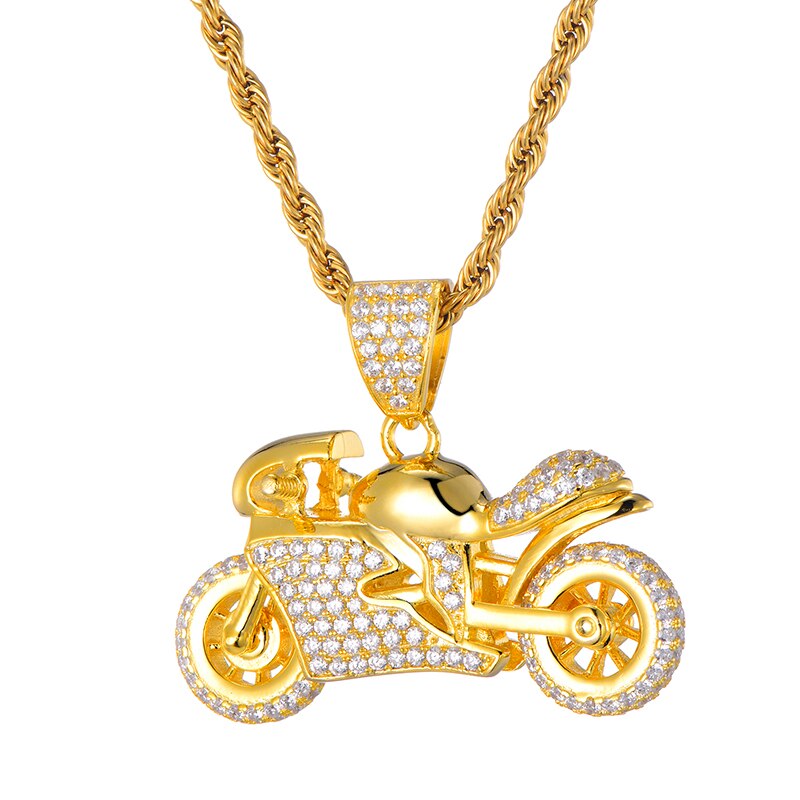 Rhinestone-Studded Gold-Plated Motorcycle Bling Rope Chain Hip-hop Pendant Necklace-Necklaces-Innovato Design-Innovato Design