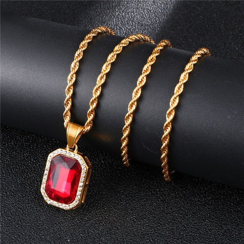 Rhinestone and Crystal Square Gold-Plated Stainless Steel Hip-hop Pendant Necklace-Necklaces-Innovato Design-Blue-Innovato Design