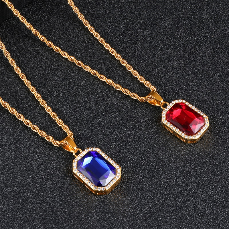 Rhinestone and Crystal Square Gold-Plated Stainless Steel Hip-hop Pendant Necklace-Necklaces-Innovato Design-Blue-Innovato Design