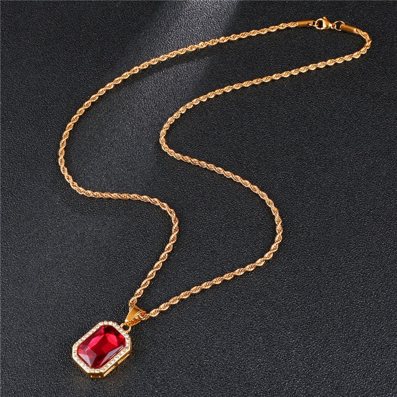Rhinestone and Crystal Square Gold-Plated Stainless Steel Hip-hop Pendant Necklace-Necklaces-Innovato Design-Blue-Innovato Design