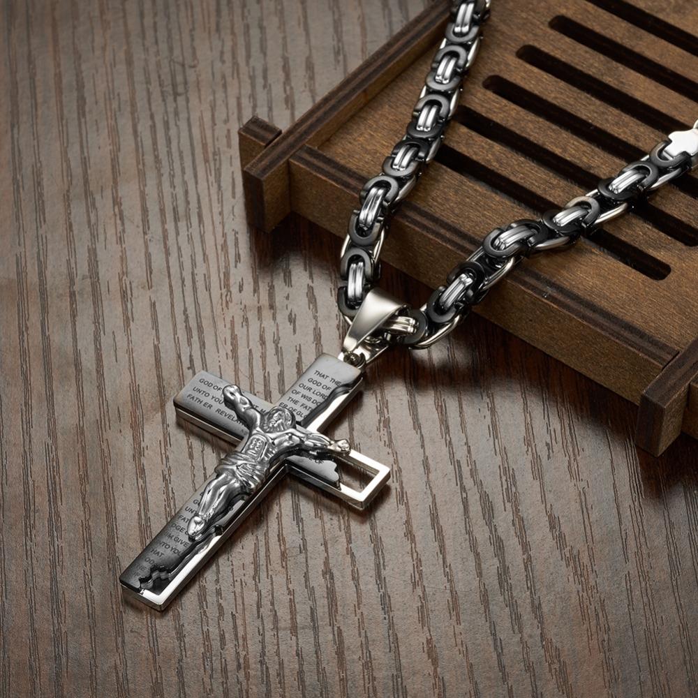 Men’s Stainless Steel Two-Tone Jesus Cross Pendant on Byzantine Chain Necklace-Necklaces-Innovato Design-Silver-20inch-Innovato Design