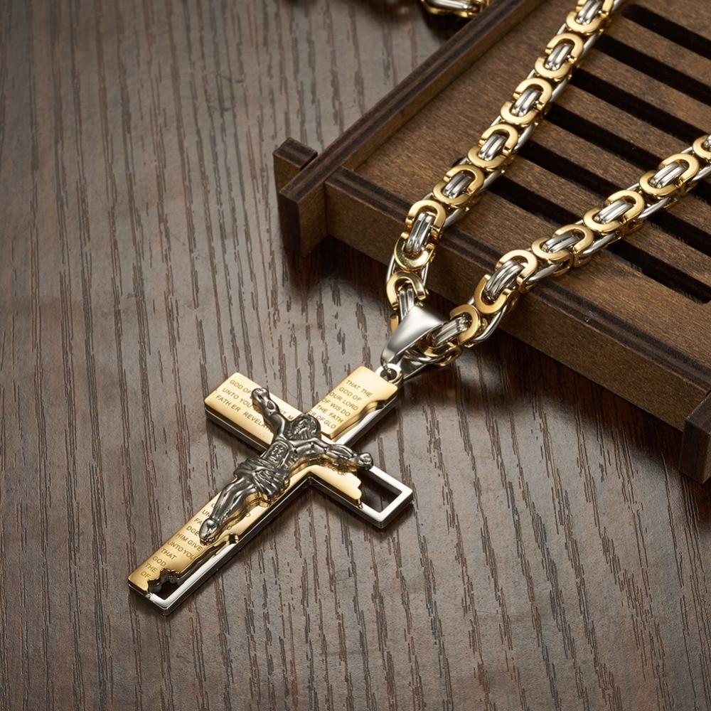 Men’s Stainless Steel Two-Tone Jesus Cross Pendant on Byzantine Chain Necklace-Necklaces-Innovato Design-Silver-20inch-Innovato Design