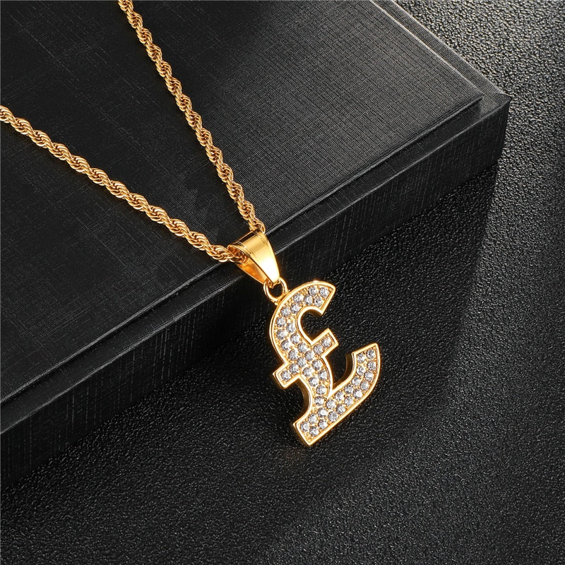 Rhinestone-Studded Gold-Plated Pound Bling Stainless Steel Hip-hop Pendant Necklace-Necklaces-Innovato Design-Innovato Design