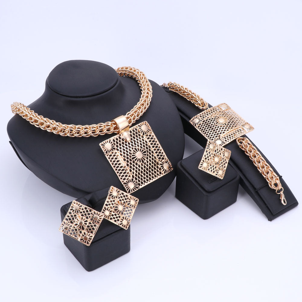 Gold/Silver-Plated Flower Square Necklace, Bracelet, Earrings & Ring Wedding Statement Jewelry Set-Jewelry Sets-Innovato Design-Gold-Innovato Design