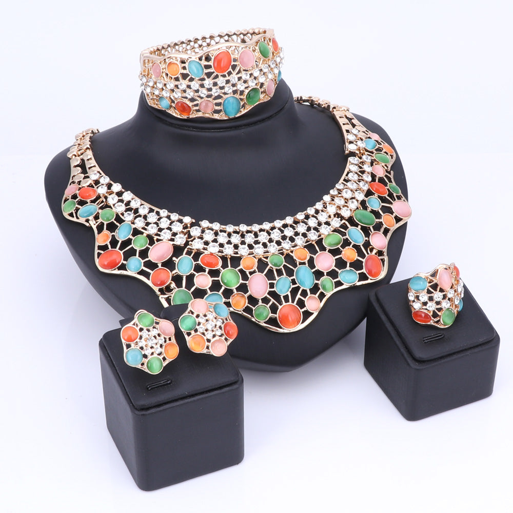 Crystal and Cat's Eye Necklace, Bracelet, Earrings & Ring Wedding Statement Jewelry Set-Jewelry Sets-Innovato Design-Blue-Innovato Design