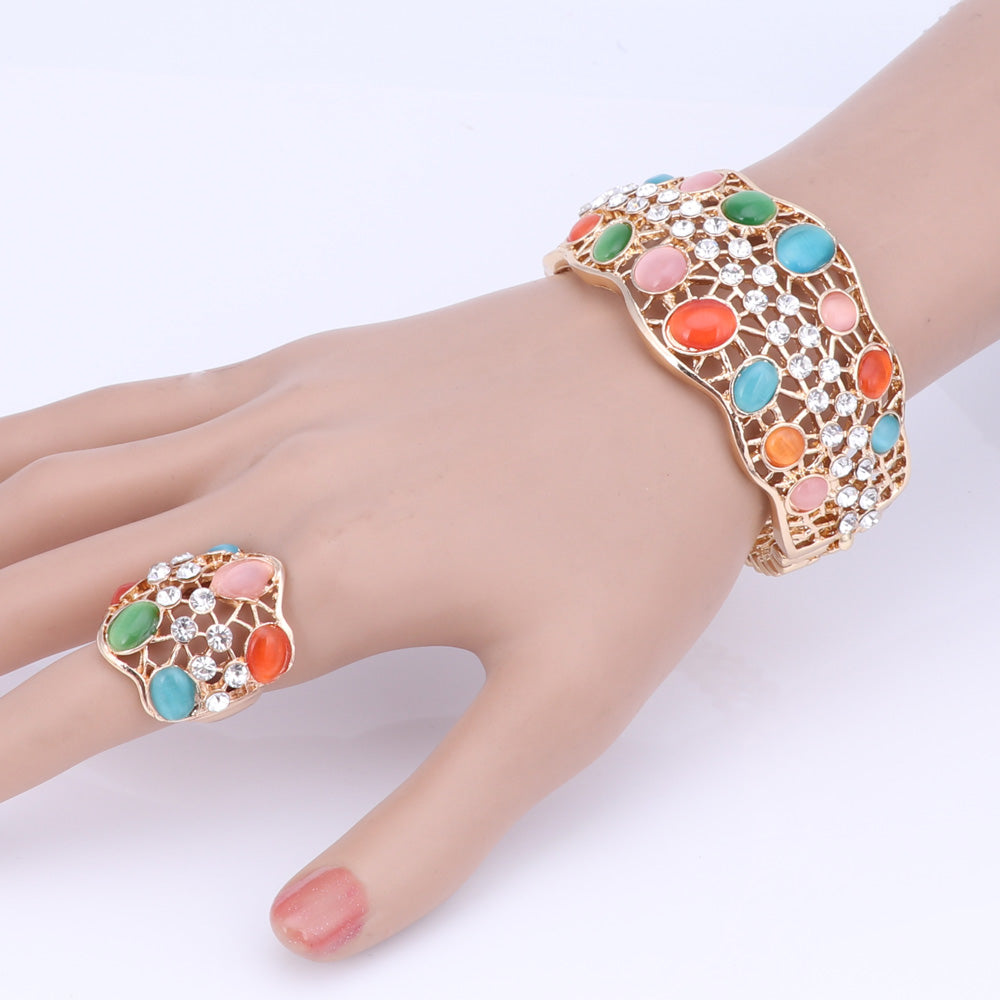 Crystal and Cat's Eye Necklace, Bracelet, Earrings & Ring Wedding Statement Jewelry Set-Jewelry Sets-Innovato Design-Blue-Innovato Design