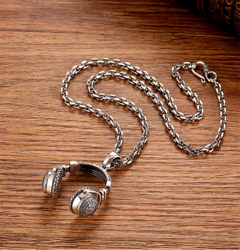 Music Headset 925 Sterling Silver Gothic Vintage Fashion Biker Pendant Necklace-Necklaces-Innovato Design-19.69in-Innovato Design