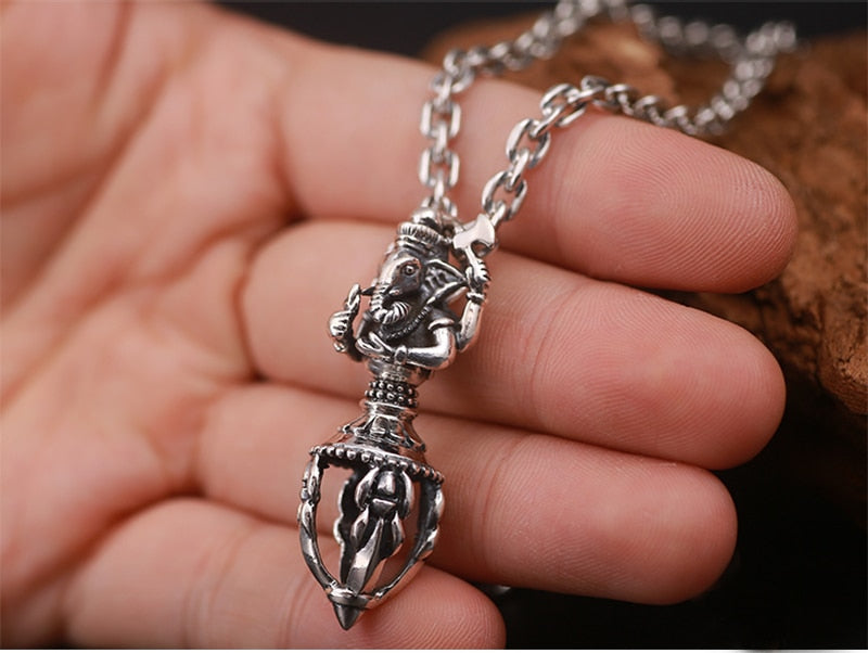 Ganesha Buddha 925 Sterling Silver Vintage Biker Pendant-Gothic Necklaces-Innovato Design-19.69in-Innovato Design