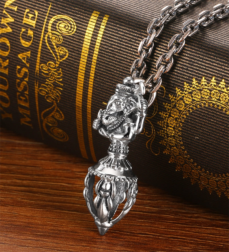 Ganesha Buddha 925 Sterling Silver Vintage Biker Pendant-Gothic Necklaces-Innovato Design-19.69in-Innovato Design