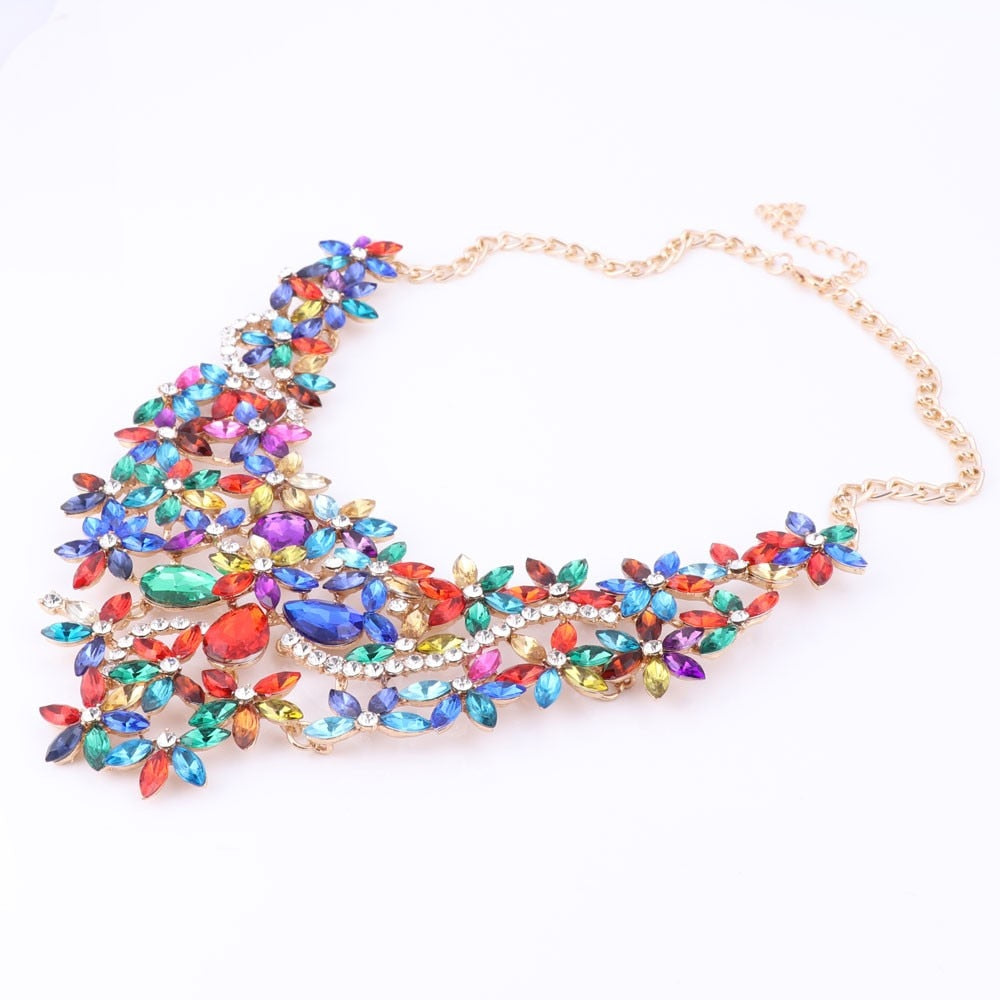 Gold-Plated Rhinestone and Crystal Flower Necklace & Earrings Wedding Jewelry Set-Jewelry Sets-Innovato Design-Red-Innovato Design