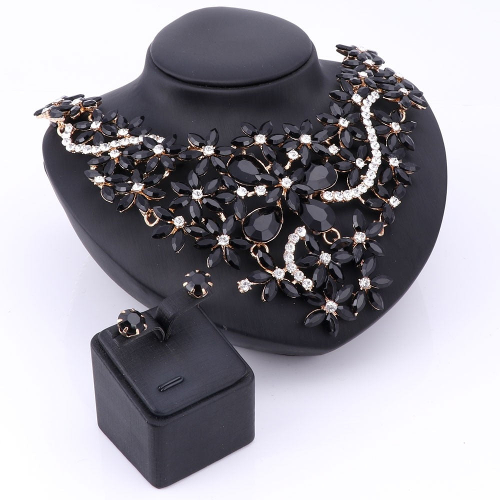 Gold-Plated Rhinestone and Crystal Flower Necklace & Earrings Wedding Jewelry Set-Jewelry Sets-Innovato Design-Red-Innovato Design