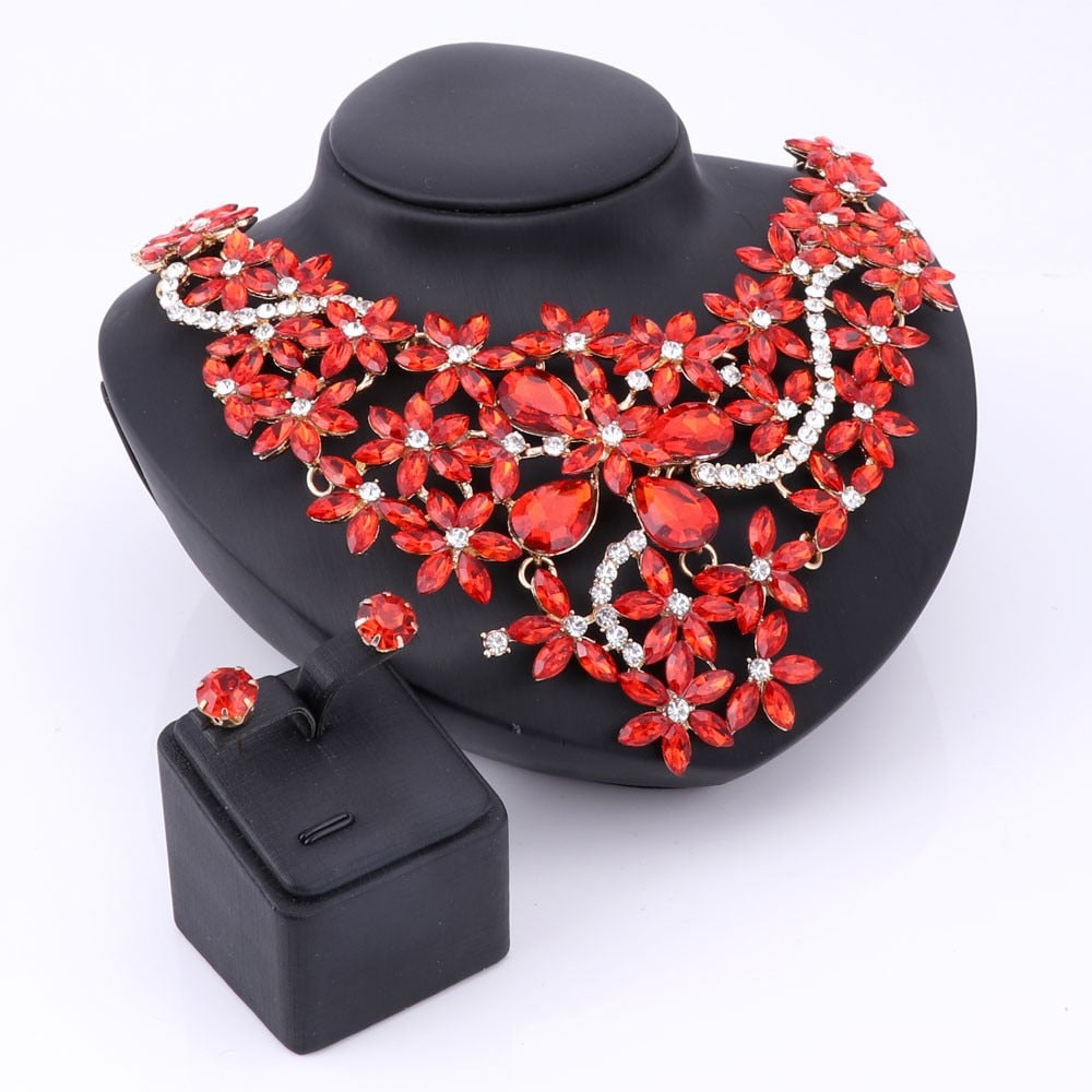 Gold-Plated Rhinestone and Crystal Flower Necklace & Earrings Wedding Jewelry Set-Jewelry Sets-Innovato Design-Red-Innovato Design