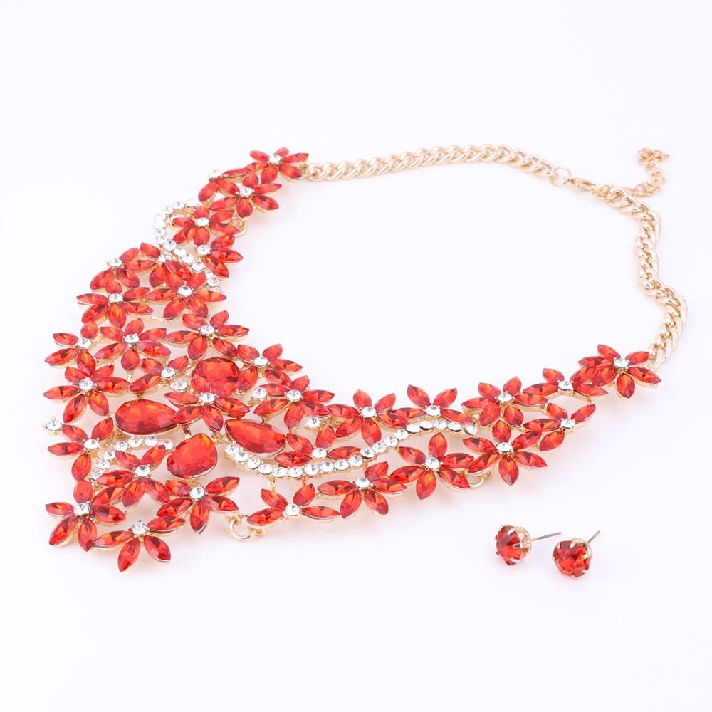 Gold-Plated Rhinestone and Crystal Flower Necklace & Earrings Wedding Jewelry Set-Jewelry Sets-Innovato Design-Red-Innovato Design