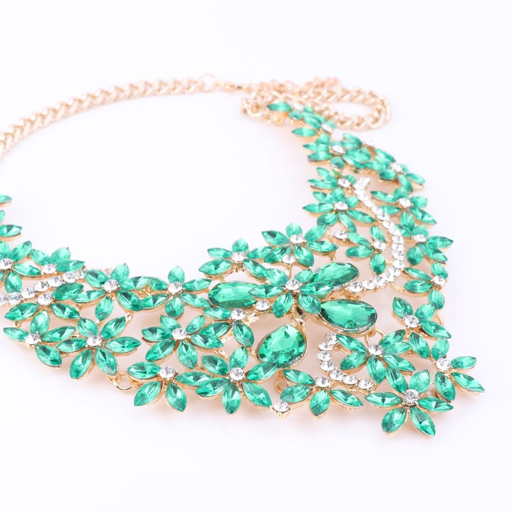 Gold-Plated Rhinestone and Crystal Flower Necklace & Earrings Wedding Jewelry Set-Jewelry Sets-Innovato Design-Red-Innovato Design