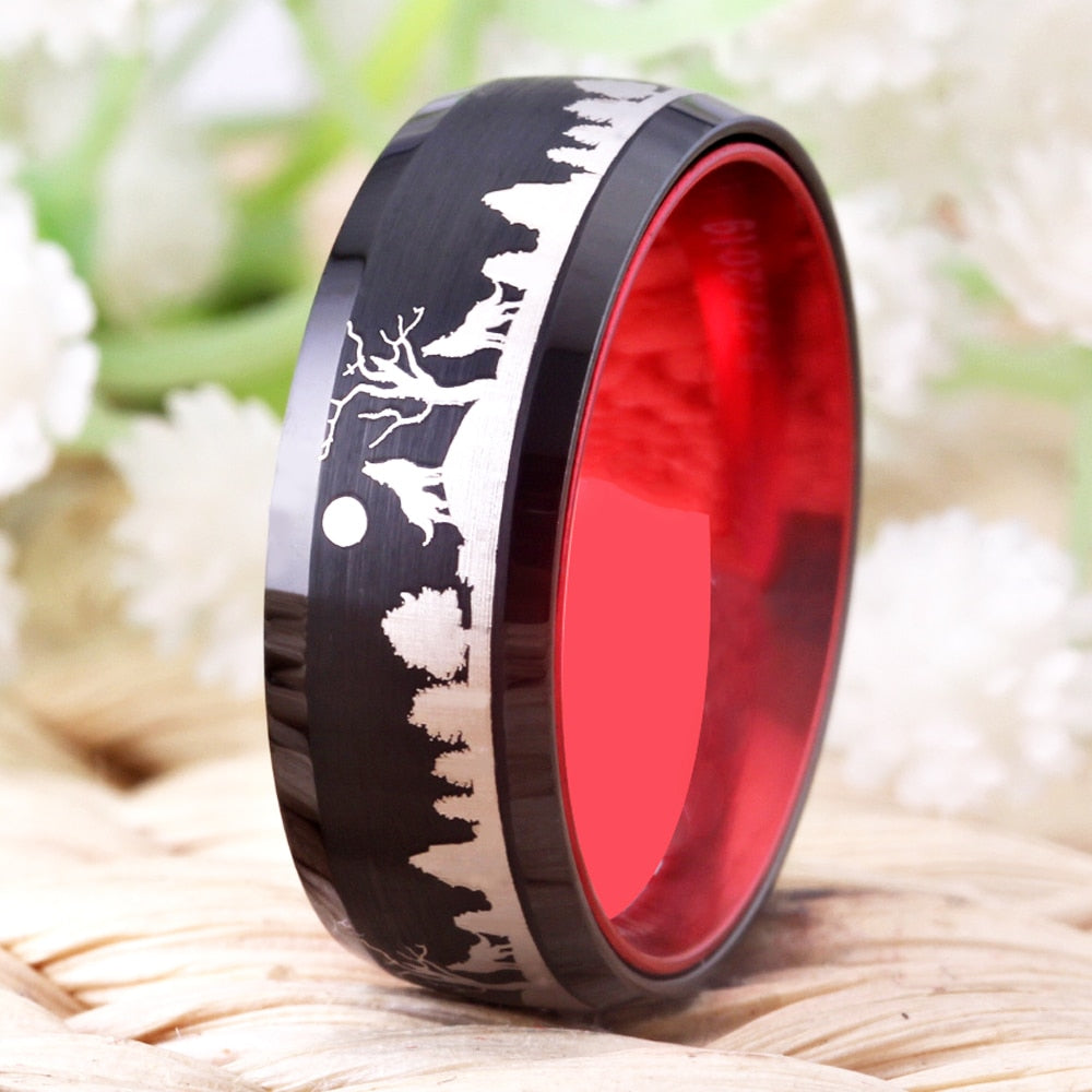 8mm Wolves in the Forest Black and Red-Plated Tungsten Wedding Ring-Rings-Innovato Design-5-Innovato Design