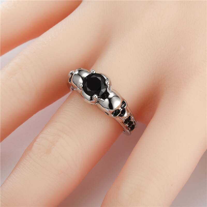 Silver-Plated Skull and Black Cubic Zirconia Vintage Punk Ring-Rings-Innovato Design-5-Innovato Design