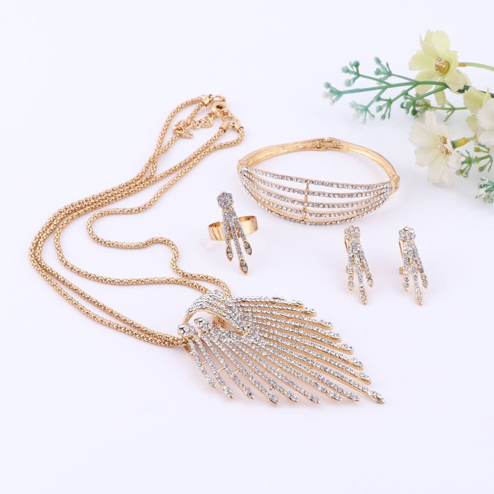 Flare Crystal Necklace, Bracelet, Earrings & Ring Wedding Statement Jewelry Set-Jewelry Sets-Innovato Design-Gold-Innovato Design
