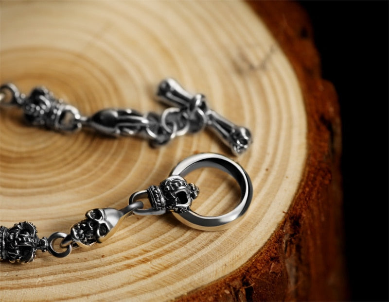 Gothic Skull and Crown 925 Sterling Silver Vintage Punk Biker Bracelet-Bracelets-Innovato Design-6.3in-Innovato Design