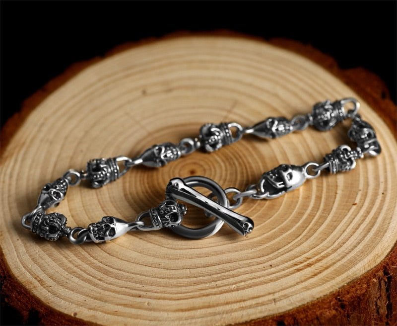 Gothic Skull and Crown 925 Sterling Silver Vintage Punk Biker Bracelet-Bracelets-Innovato Design-6.3in-Innovato Design