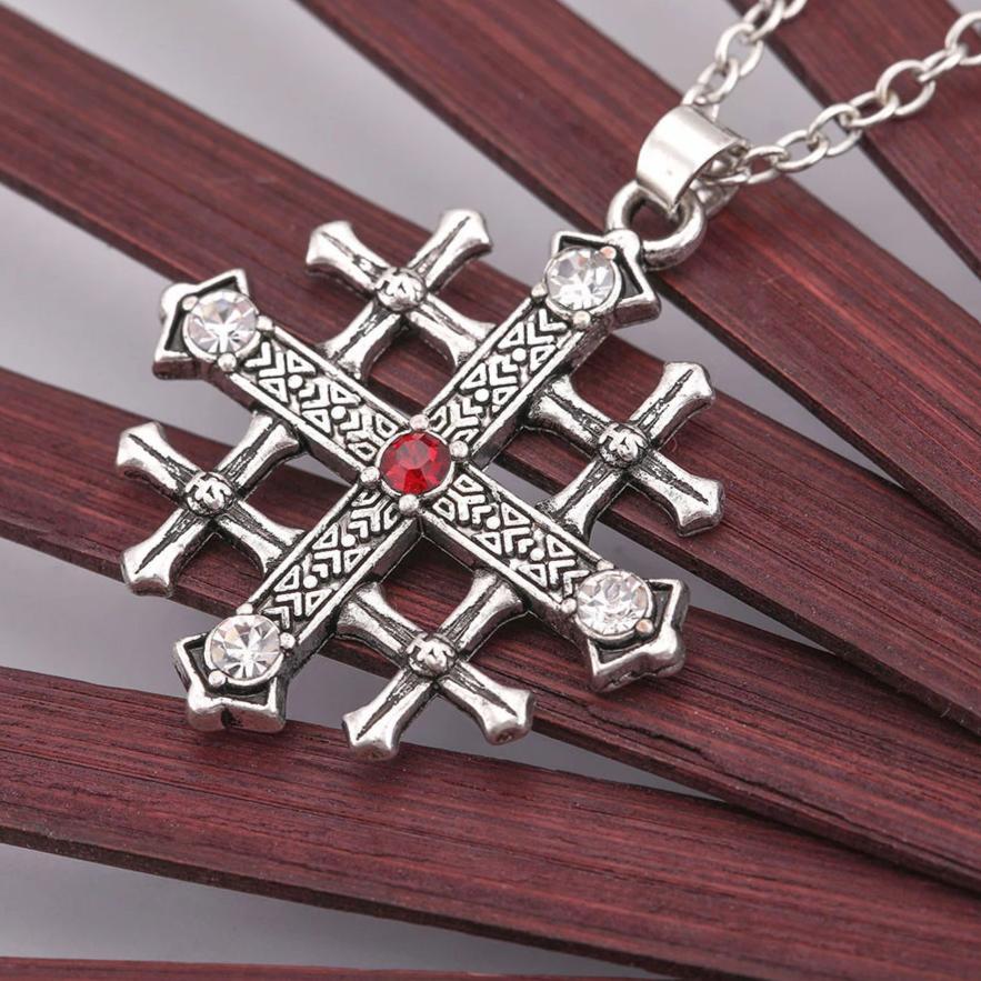 Stainless Steel Silver Jerusalem Cross Pendant with Ruby Crystal-Necklaces-Innovato Design-Innovato Design