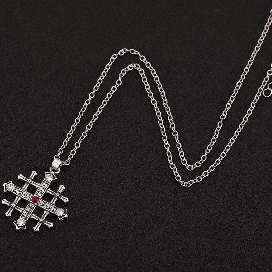 Stainless Steel Silver Jerusalem Cross Pendant with Ruby Crystal-Necklaces-Innovato Design-Innovato Design