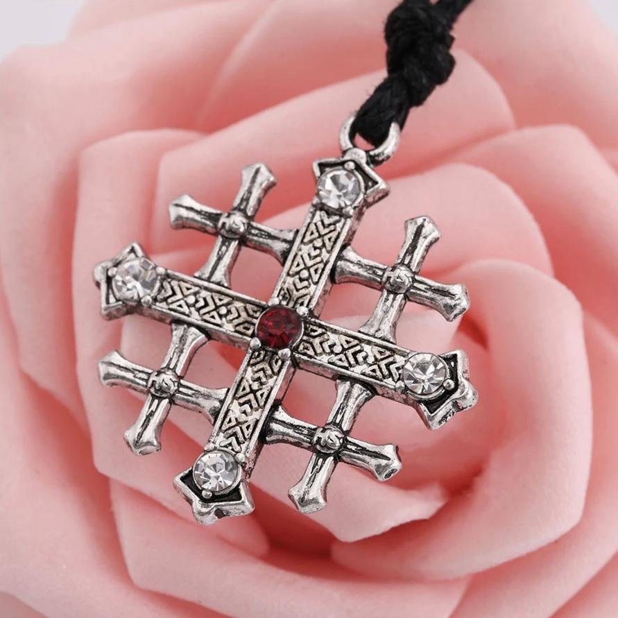 Stainless Steel Silver Jerusalem Cross Pendant with Ruby Crystal-Necklaces-Innovato Design-Innovato Design