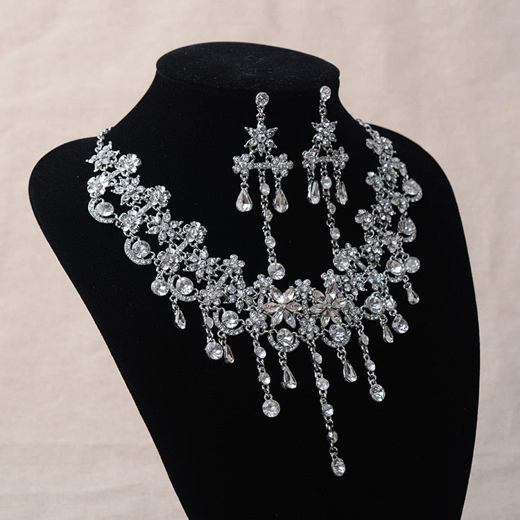 Silver-Plated Crystal Flower and Rhinestone Necklace & Earrings Jewelry Set-Jewelry Sets-Innovato Design-Innovato Design