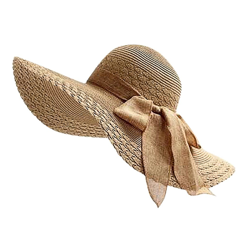Ladies Wide Brim Floppy Straw Sun Hat with Bowknot-Hats-Innovato Design-Khaki-Innovato Design