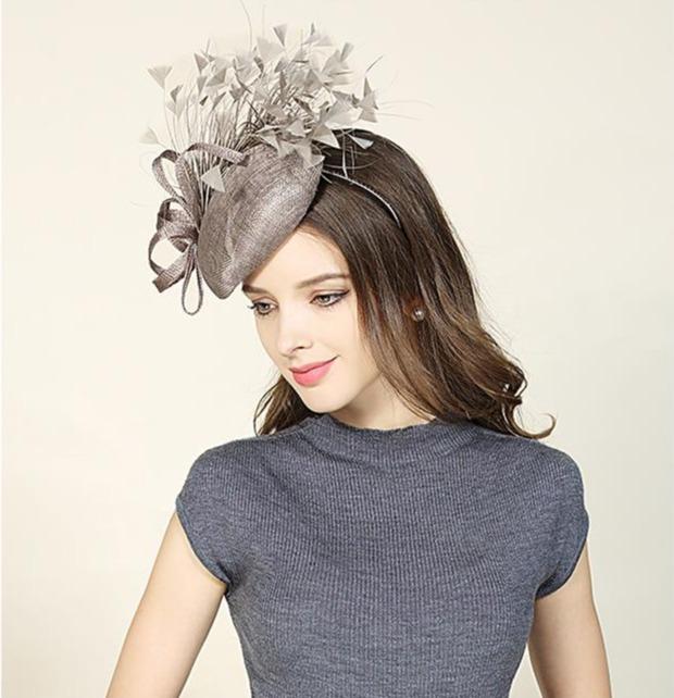 Premium Gray-brown Sinamay Pillbox Fascinator Hat with Flock of Feathers-Hats-Innovato Design-Innovato Design
