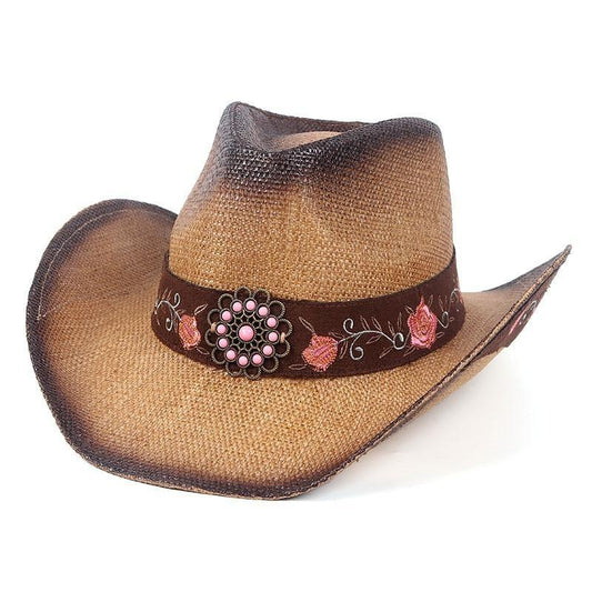 Women's Cowboy Hat with Embroidered Rose Pink Flower Band-Hats-Innovato Design-Innovato Design