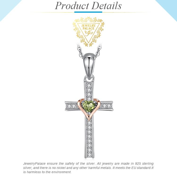 925 Sterling Silver Peridot Heart Crystal on Silver Cross Pendant and Chain Necklace-Necklaces-Innovato Design-Innovato Design