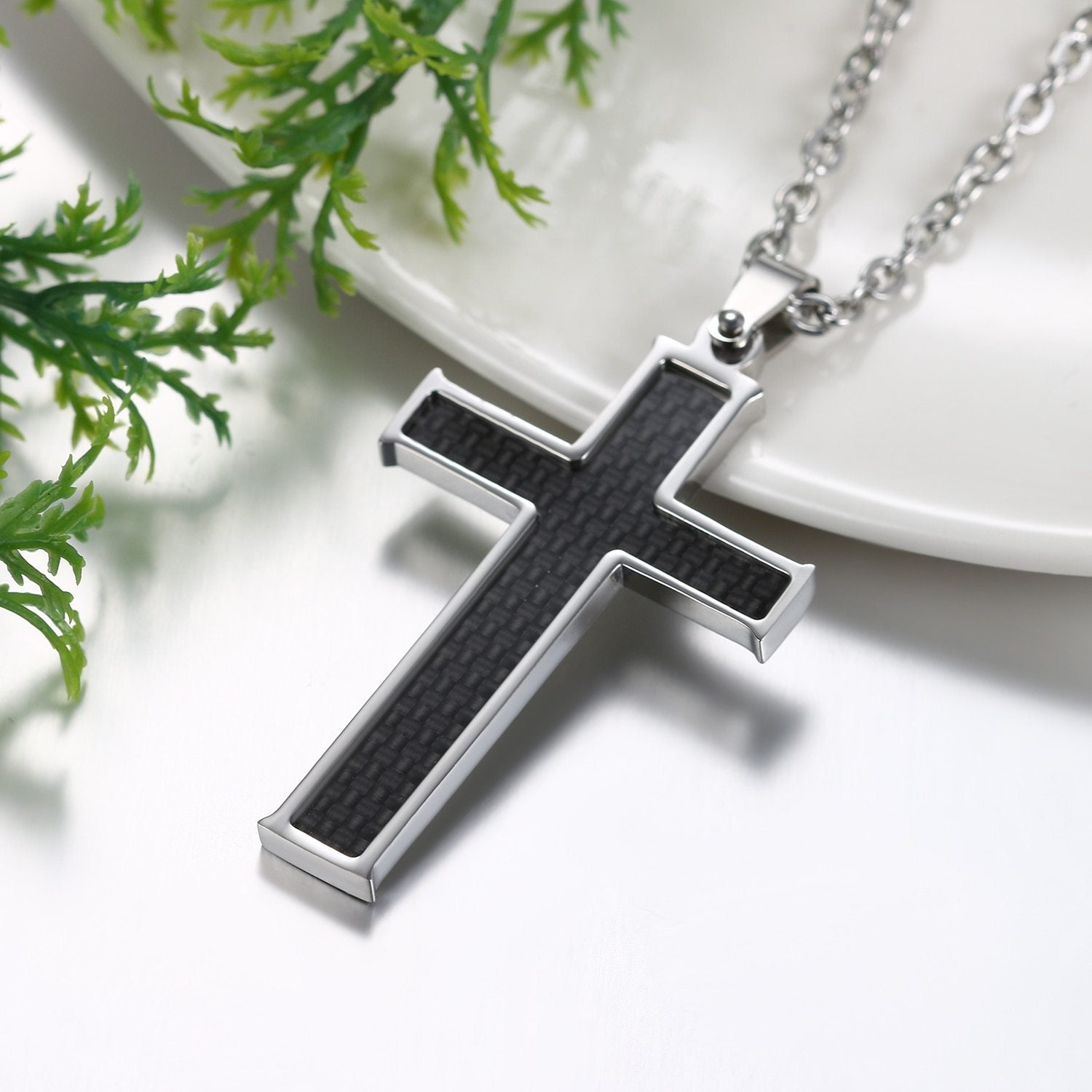 Silver & Black Carbon Fiber Classic Cross Pendant and Necklace with 21.5" Chain-Necklaces-Innovato Design-Black-Innovato Design