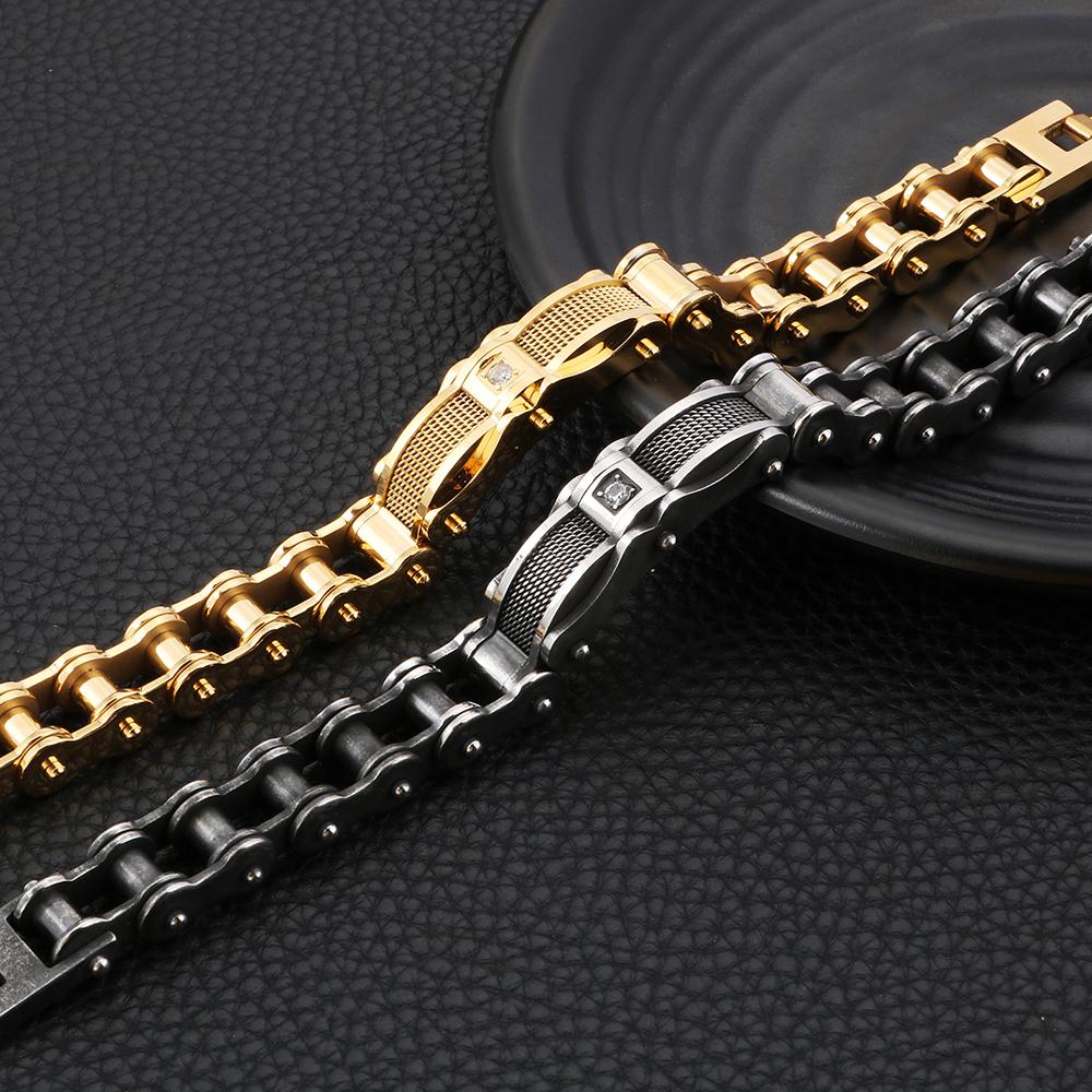Biker Chain Bracelet with Zirconia Stone in Two Color Tones-Bracelets-Innovato Design-Black-8.6-Innovato Design