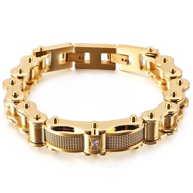 Biker Chain Bracelet with Zirconia Stone in Two Color Tones-Bracelets-Innovato Design-Gold-8.6-Innovato Design