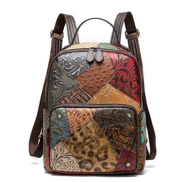 Genuine Leather Embossed Floral Backpack with Patchwork Design - InnovatoDesign
