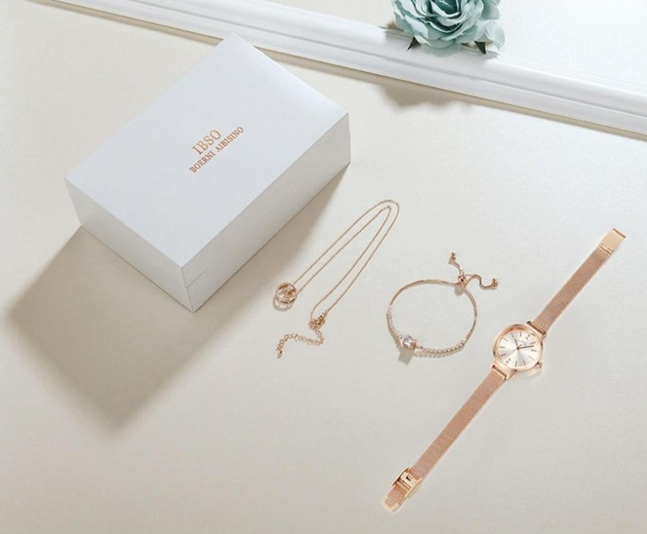 Women Quartz Watch and Crystal Bracelet & Necklace Fashion Jewelry Set-Jewelry Sets-Innovato Design-Rose Gold-Innovato Design